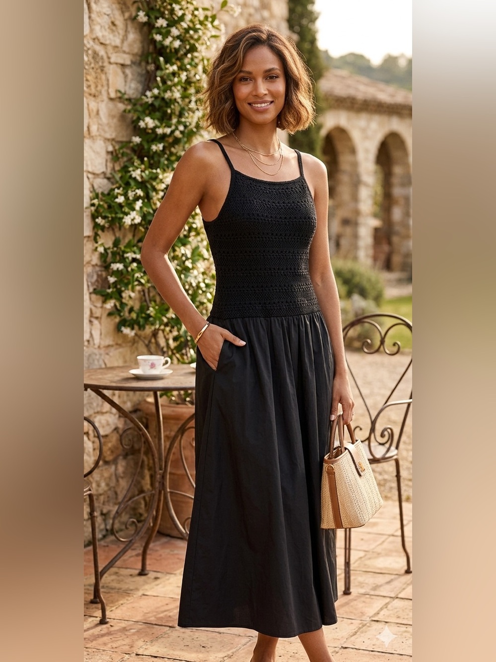 Universal Thread Black Crochet Bodice Midi Dress